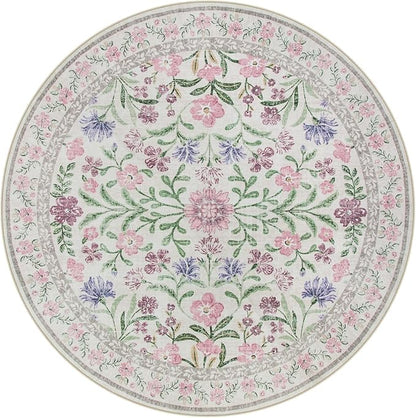 Wonnitar Floral Washable Round Rugs 6ft, Purple Circle Rugs for Bedroom Girls Dorm, Ultra-Thin Non Slip Boho Carpet for Nursery Girls Room Decor Living Room Playroom, Light Purple/Pink