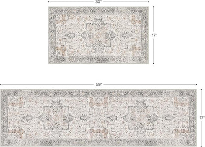 GENIMO Runner Rug 2PCs, Machine Washable Non Slip Vintage Hallway Runner Rug 17.3"x59"+17.3"x30", Low Pile Lightweight Rugs for Indoor Entryway, Hallway, Kitchen and Corridor, Light Taupe Brown