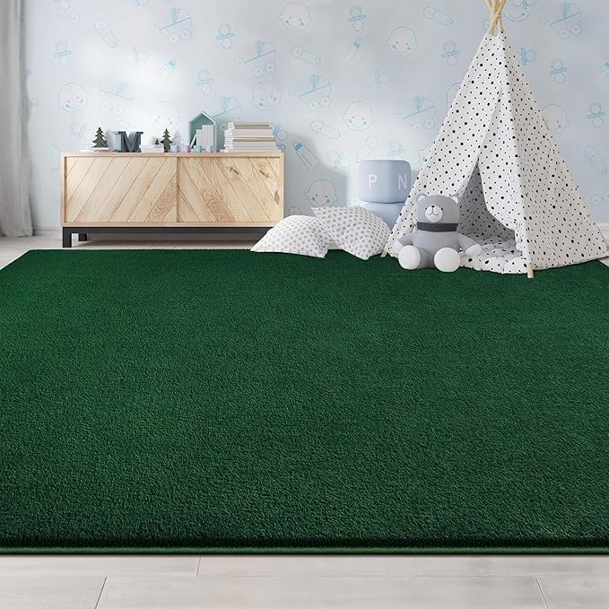 Large Area Rugs for Living Room Bedroom, 4x6 Feet Dark Green Rug, Minimalist Modern Shag Rug, Soft Thick Memory Foam Indoor Carpet, Non-Slip Washable Rug for Boys Girls Dorm Nursery Room Home Decor