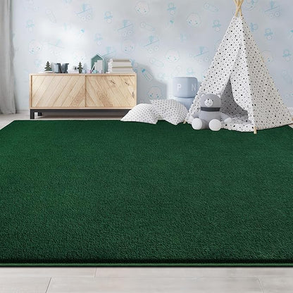 Large Area Rugs for Living Room Bedroom, 7x10 Feet Dark Green Rug, Minimalist Modern Shag Rug, Soft Thick Memory Foam Indoor Carpet, Non-Slip Washable Rug for Boys Girls Dorm Nursery Room Home Decor
