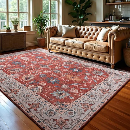 Area Rug for Living Room, 9x12 Washable Non Slip Large Faux Wool Throw Rug, 0.3″ Low Pile & Non-Shedding Boho Large Carpet Rugs for for Dining Room, Bedroom, Office (Red)