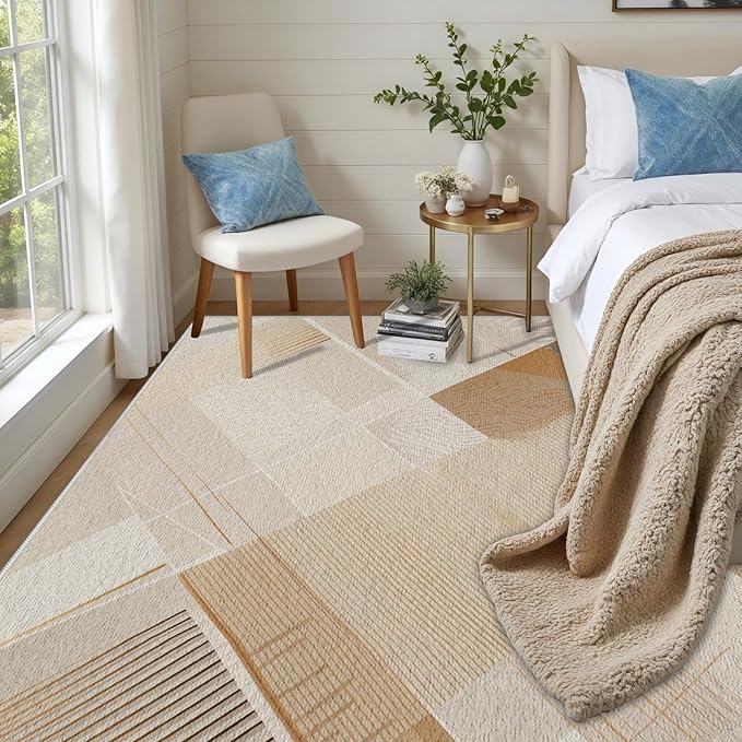 Minimalist Abstract Area Rug 7x10 Brown Boho, Modern Washable Stripe Art Rugs, Soft Non-Slip Low-Pile Carpet for Living Room, Bedroom, Kitchen, Dining Room, Pet Friendly, Non-Shedding, Beige