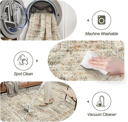 Washable Area Rug 8x10, Large Soft Rugs for Living Room Vintage 8x10 Area Rugs for Bedroom Dining Room Non-Slip Stain Resistant Under Table Brown Pink Rug