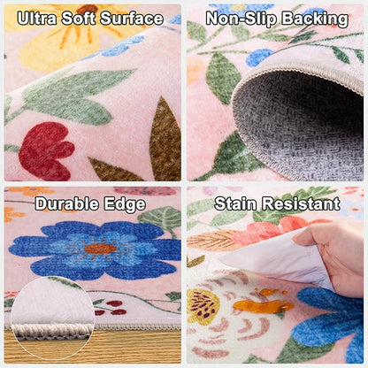 10x14 Area Rugs for Living Room: Floral Washable Rug Vintage Large Soft Boho Non-Slip Carpet Stain Resistant Low Pile Carpets for Bedroom Dining Room Farmhouse Nursery Hallway Home Office Beige