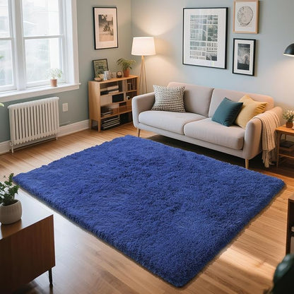 Blue Fluffy Rug Shaggy Area Rug, 5x8 Area Rugs for Girls Bedroom, Soft Cute Baby Play Mat, Indoor Floor Carpet for Teen, Nursery, Preppy Dorm, Plush Aesthetic Bedside Rug