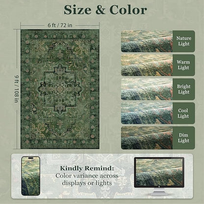 Dark Green Tranditonal 6x9 Area Rugs for Living Room, Vintage Distressed Medallion Printed Low Pile Thin Rugs for Bedroom, Washable Non Slip Soft Carpet for Dining Room Home Office Guest Room