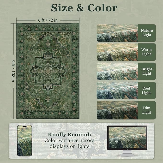 Green Medallione 6x8 Area Rugs for Living Room, Low Pile Thin Washable Non Slip Rugs for Bedroom Dining Room, Vintage Distressed Carpet for Home Office Guest Room