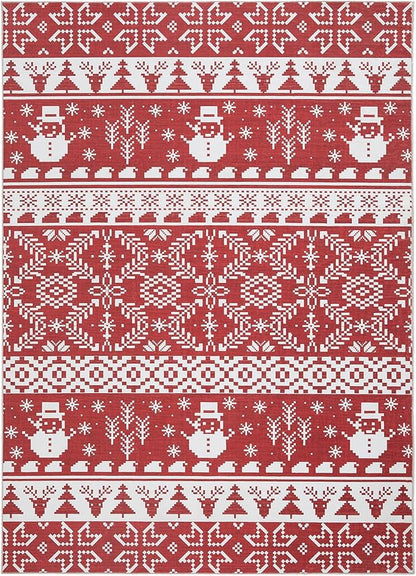 WITSHOCK Christmas Area Rugs for Living Room: 5x7 Stain Resistant Non-Slip Washable Red Snowflake Christmas Carpet, Soft Dining Room Bedroom Rugs, Indoor Decor for Home, Holiday