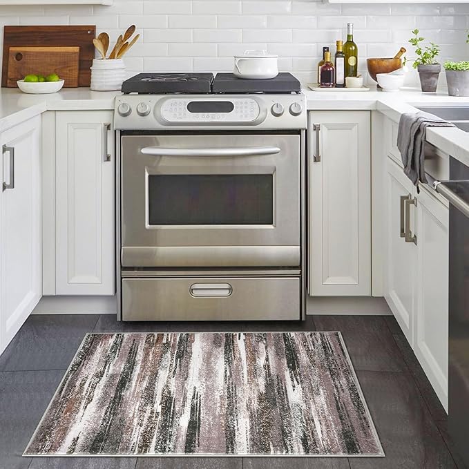 Modern Abstract Entryway Rug Indoor 2x3 Washable Rug Non-Slip Soft Small Area Rug Dark Light Brown White Kitchen Mats Thin Print Faux Wool Floor Carpet Throw Rugs Backdoor Mat for Entry
