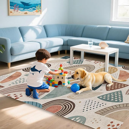 Bohemian Rainbow Washable 5x7 Area Rugs for Living Room, Thin Low Pile Contemporary Carpet, Non-Slip Base Lightweight Rug