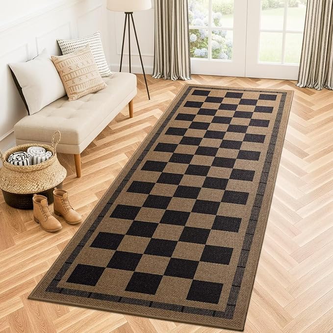 Vasofe 2x6 Runner Rug for Hallway, Washable Checkered Jute Rugs, Outdoor Indoor Patio Porch Balcony Bedroom Kitchen Laundry Geometric Mat, Non Slip Plaid Farmhouse Design Carpet, Black and Brown