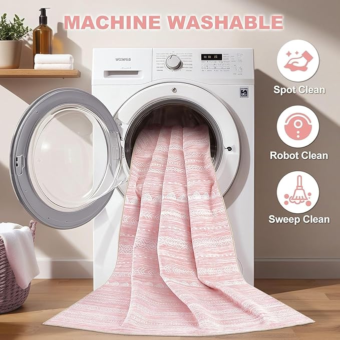 Nakagishi Runner Rug Kitchen Washable Rugs: 3x8 Non-Slip Boho Soft Modern Stain Resistant Indoor Floor Neutral Farmhouse Throw Carpet for Hallway Bathroom Laundry Room Entryway Bedroom- Pink