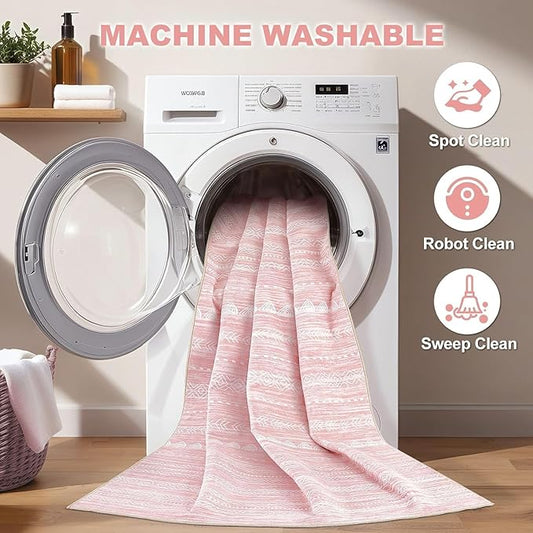 Nakagishi Runner Rug Kitchen Washable Rugs: 3x8 Non-Slip Boho Soft Modern Stain Resistant Indoor Floor Neutral Farmhouse Throw Carpet for Hallway Bathroom Laundry Room Entryway Bedroom- Pink