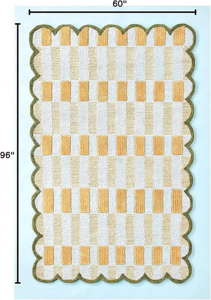 Hand-Tufted Wool Rug with Scalloped Edges, Light Blue Plaid Pattern, Cozy Soft Area Rug for Living Room, Bedroom, and Nursery, Handmade Modern Accent Rug (Blue, 9X14 FEET)