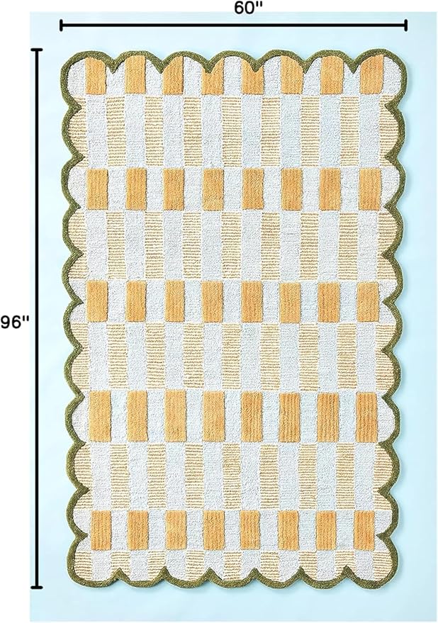 Hand-Tufted Wool Rug with Scalloped Edges, Light Blue Plaid Pattern, Cozy Soft Area Rug for Living Room, Bedroom, and Nursery, Handmade Modern Accent Rug (Blue, 4X7 FEET)