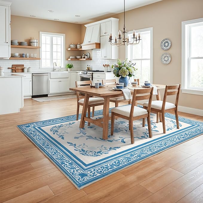 SOULFUL Medium Pile 4x6 Rugs for Living Room - Cozy Soft Underfoot Area Rug - Blue Boho Floral - Washable Non-Slip - Perfect for Bedroom Kids Room Under Dining Table Office