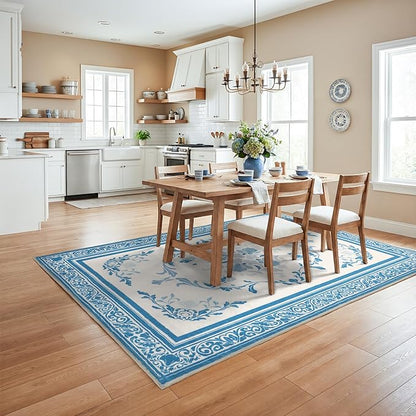 SOULFUL Medium Pile 8x10 Rugs for Living Room - Cozy Soft Underfoot Large Area Rug - Blue Boho Floral - Washable Non-Slip - Perfect for Bedroom Kids Room Under Dining Table Office