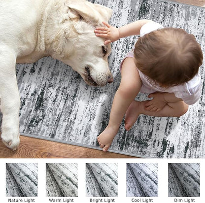 Modern Abstract Runner Rug 2.6x18, Black Grey White Washable Long Kitchen Runner Non-Slip Soft Hallway Rug Runner Thin Print Faux Wool Carpet for Entryway Bedroom Laundry Room Indoor Home Decor