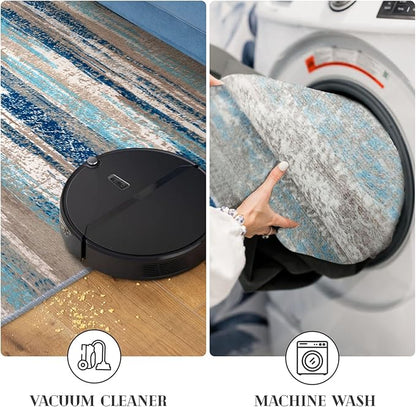 Modern Abstract 6x9 Machine Washable Living Room Rug Non-Slip Soft Bedroom Area Rug Blue Ultra Thin Print Faux Wool Floor Carpet Throw Rugs for Nursery Playroom Dining Room Indoor Office