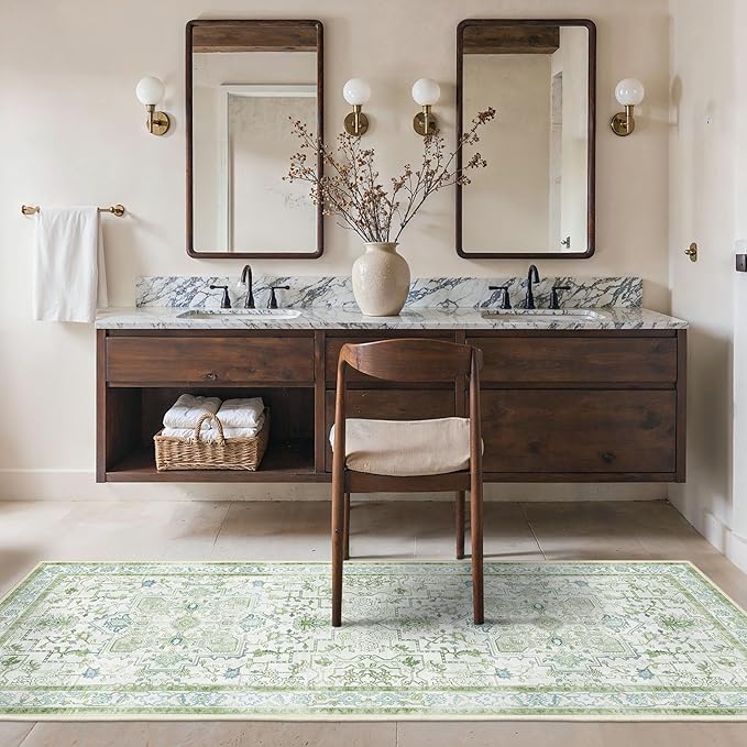 Runner Rug 2'6''x6 Non Slip Machine Washable Vintage Hallway Runner Rug, Low PileLight Weight Rugs for Entryway, Hallway, Kitchen and Corridor, Cream Green