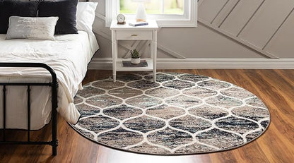 Rugs.com Lattice Frieze Collection Rug – 5' Round Blue Multi Medium Rug Perfect for Kitchens, Dining Rooms