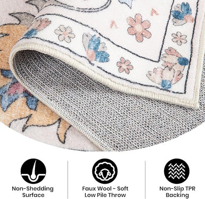 Area Rug for Living Room, 9x12 Washable Non Slip Large Faux Wool Throw Rug, 0.3″ Low Pile & Non-Shedding Boho Large Carpet Rugs for for Dining Room, Bedroom, Office (Beige)