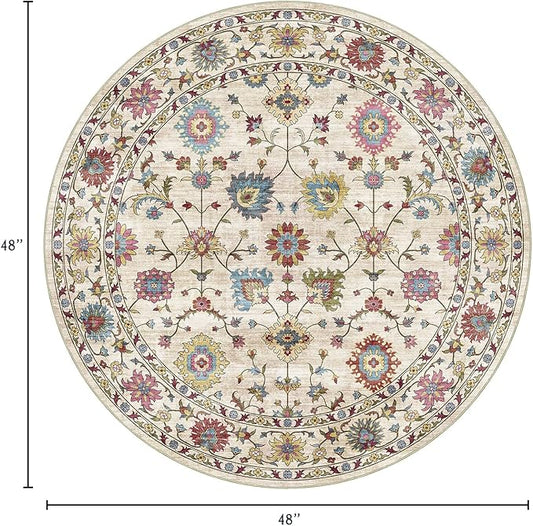 Washable Round Area Rug 4ft - Cream Colorful Traditional Floral Boho Living Room Circle Rug 4x4 Non-Slip Carpet Soft Vintage Bohemian Round Rugs for Bedroom Bathroom Kitchen Nursery