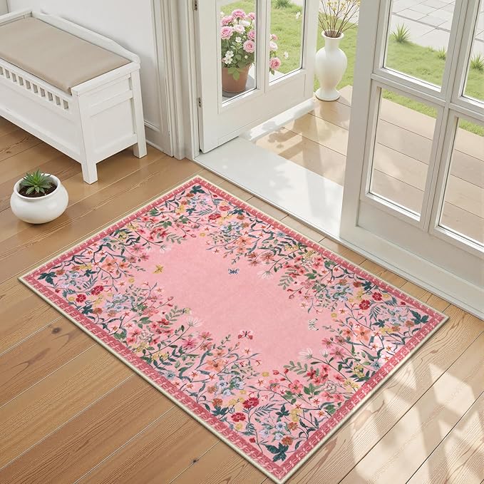 Wonnitar 2x3 Pink Bathroom Rugs Non Slip Washable, Floral Small Area Rugs for Entryway, Low Pile Soft Door Mat Indoor Entrance Throw Carpet for Kitchen Bedside Laundry Room (Pink,2'x3')