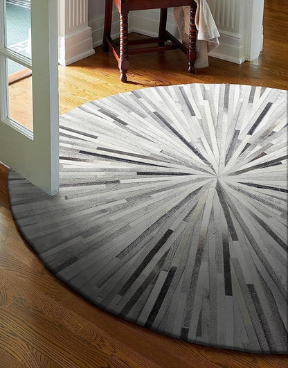 Grey Faux Cowhide Patchwork Area Rug 7×7 ft – Luxurious Leather-Look Carpet for Living Room, Bedroom, Kids Playroom & Lounge | Modern Western Home Decor