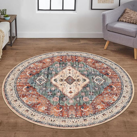 KOZYFLY Boho Round Rug 5 Ft Rugs for Entryway Washable Circle Rug Non Slip Doormat Rust/Orange/Blue Printed Faux Wool Vintage Round Entryway Rug Floor Carpet Round for Entrance, Bedroom