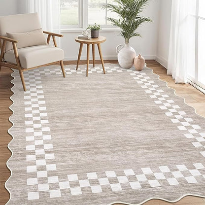GarveeHome Scalloped Washable Rug 9x12 Area Rug for Living Room Modern Border Large Bedroom Throw Carpet with Rubber Backing Stain Resistant Boho Rug for Dining Room Home Decor Office, Fog