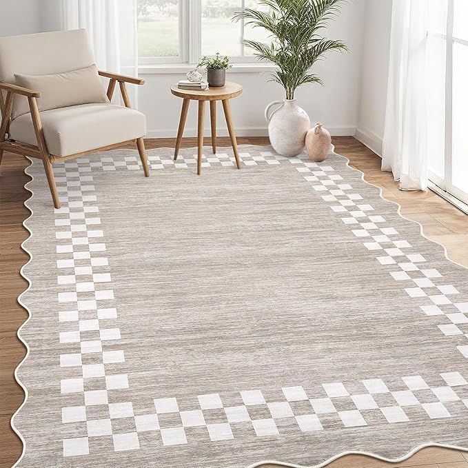 GarveeHome Washable Rug 5x7 for Living Room Large Bedroom Scalloped Rug Non Slip Stain Resistant Modern Border Throw Carpet Soft Boho Rug for Dining Room Nursery Home Office, Fog