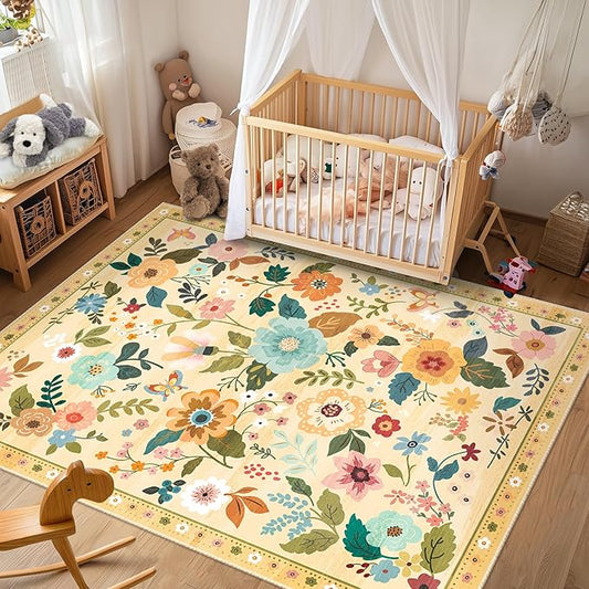 Floral 5x7 Area Rug Machine Washable Soft Print Boho Carpet Non Slip Doormat Low Pile Flower Area Rugs for Living Room Bedroom Nursery Kitchen Dining Room Indoor-Ivory/Yellow