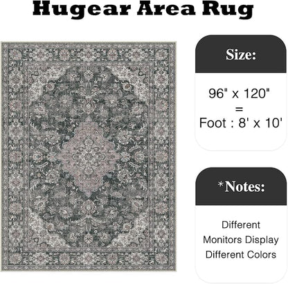 HUGEAR Retro Black Area Rug 8x10 Machine Washable Living Room Rugs Distressed Vintage Floral Low Pile Carpet Bedroom Office Dining Room Laundry Room Non Slip Soft Lightweight
