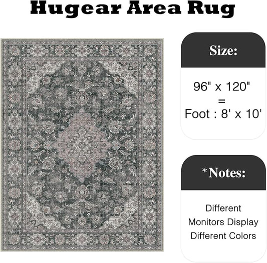 HUGEAR Retro Black Area Rug 8x10 Machine Washable Living Room Rugs Distressed Vintage Floral Low Pile Carpet Bedroom Office Dining Room Laundry Room Non Slip Soft Lightweight