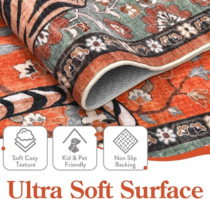Moynesa Tiger Washable Rugs, 8x10 Area Rugs for Living Room, Soft Large Vintage 8x10 Bedroom Rug, Botanical Non Slip Ultra Thin Floor Carpet for Dining Room Home Office, Rust