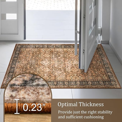 Morebes Washable 6x9 Area Rugs,Vintage Large Area Rug Non Slip,Ultra-Thin Boho Rug for Dining Room Table,Distressed Soft Throw Carpet for Bedroom Office Living Room, Dark Brown