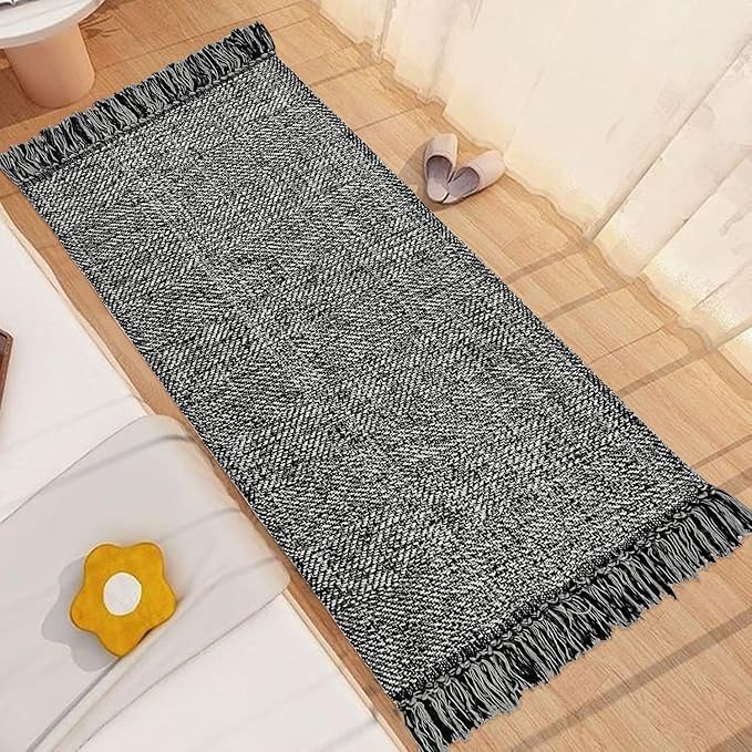 Collive Kitchen Runner Rug, 2' x 4.3' Cotton Hand-Woven Reversible Washable Rug, Black Bathroom Rugs Modern Farmhouse Hallway Carpet for Foyer Bedroom Entry Back Door Decor
