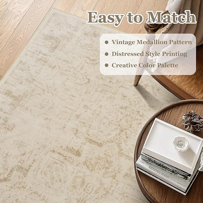 Distressed Beige Kitchen 2x3 Rugs Non Slip Washable, Natural Farmhouse Vintage Medallion Pinted Door Mat Indoor Entrance Entryway, Small Low Pile Rugs for Bathroom Vanity/Laundry Room/Bedroom