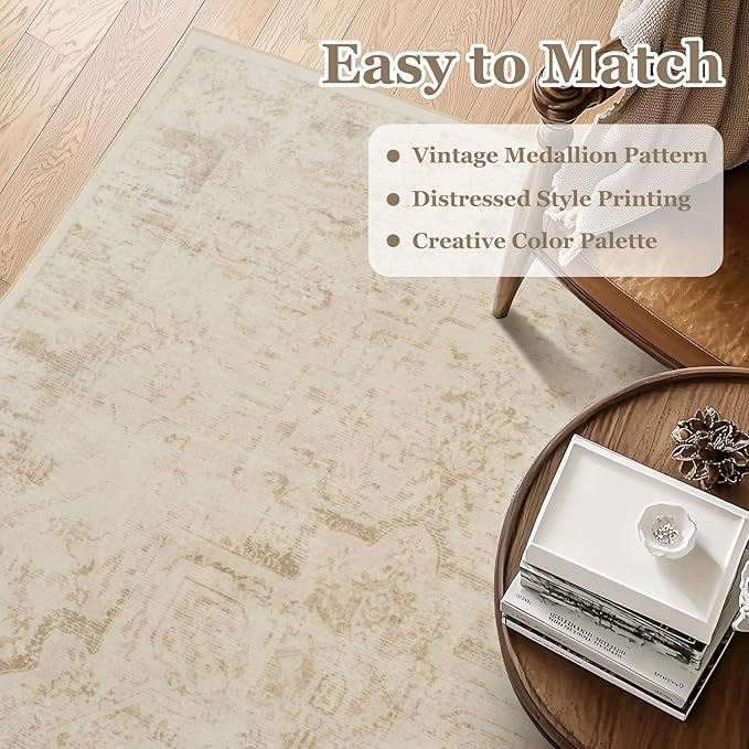 Distressed Beige Rugs for Living Room 6x9, Low Pile Thin Area Rugs for Bedroom Manchine Washable Non Slip, Natural Farmhouse Medallion Pinted Carpet for Dining Room Guest Room Home Office