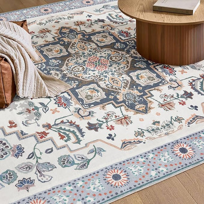 Phantoscope Washable Area Rug 6'x9' Non-Slip, Vintage Boho Rugs for Living Room, Bedroom, Dining Room, Persian Floral Medallion Pattern, Low-Pile Foldable Floor Carpet, Ivory Blue/Garden Bloom