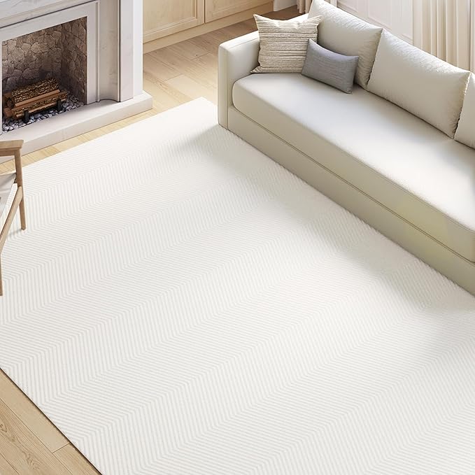 Area Rug for Living Room - 3x5 Soft Faux Rabbit Fur Modern Geometric Wave Carpet for Bedroom, Light Beige