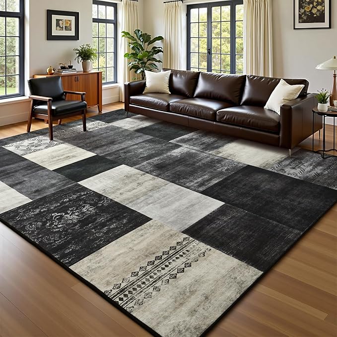 DweIke Washable Area Rugs for Living Room, 5x7 Soft Bedroom Rugs, Geometric Print Non-Slip Modern Rug, Stain Resistant Throw Carpets for Office Nursery Dining Room Home Dorm Decor, Black and White