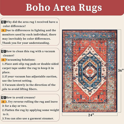 SERISSA Boho Rugs for Entryway, 2x3 Rust Entryway Rug Non-Slip Washable Small Area Rug, Ultra Soft Oriental Vintage Low-Pile Indoor Door Mat Floor Carpet for Entrance Bedroom Kitchen Bathroom