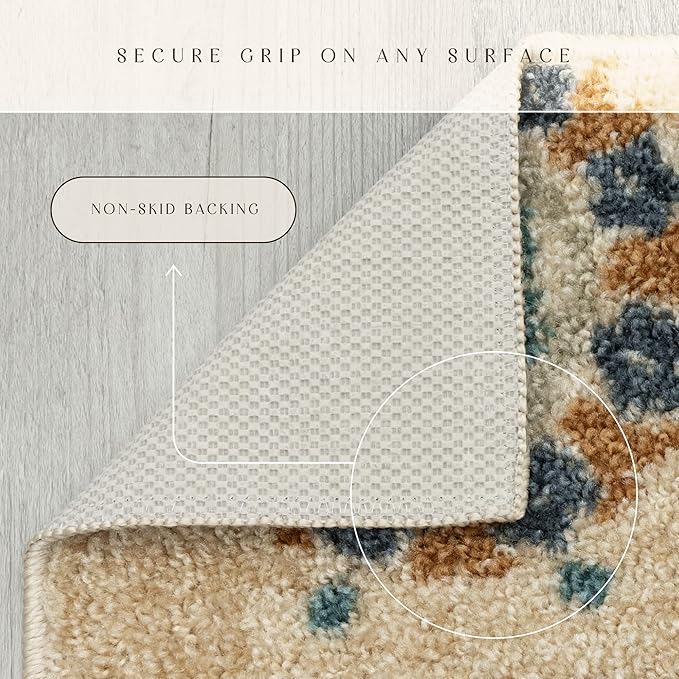 Maples Rugs Reggie Floral Runner Rug - Made in USA - Washable, Non Slip Indoor Carpet for Kitchen, Hallway, and Laundry Room, 1'8 x 4', Beige