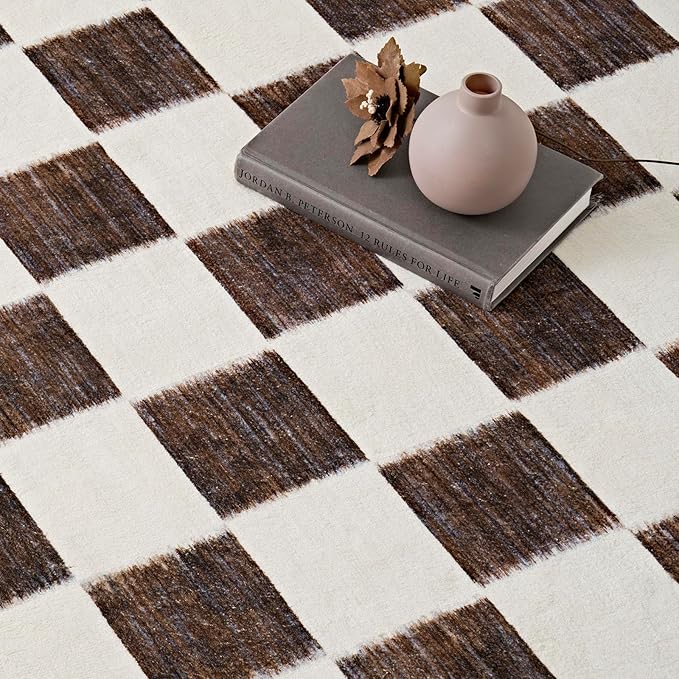 EVERGRACE Checkered Plaid Area Rug 2x10, Soft Fuzzy Faux Wool Rugs Washable Anti Slip Rugs Long Runner Carpet for Entryway Bedroom Living Room Hallway Kitchen Dining Room and Laundry, Dark Brown