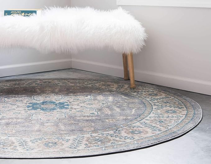Unique Loom Salzburg Collection Classic Traditional Design Oriental Inspired Border Area Rug (7' 3 x 7' 3 Round, Gray/Beige)