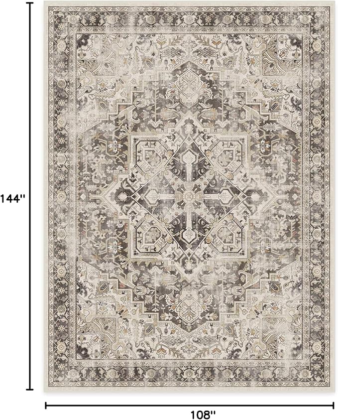 RUGGABLE Washable Vintage Area Rug – Kamran Hazel 9x12, Stain-Resistant, Non-Slip – Large Machine Washable Rugs for Living Room, Bedroom, Hallway, Entryway & Office–with Cushioned Pad