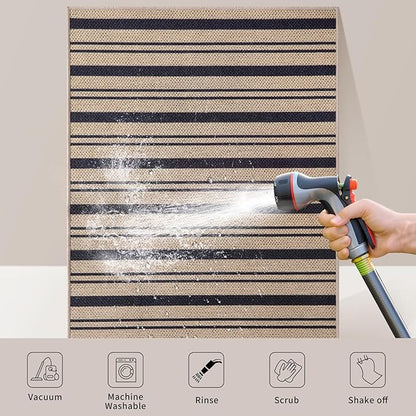 Tangsoo Stripe Easy Jute Rug,Ultra Thin 3x5 Washable Area Rug for Bedroom,Non-Slip Black Indoor Outdoor Rug Modern Farmhouse Low Pile Carpet for Patio Backyard Entryway