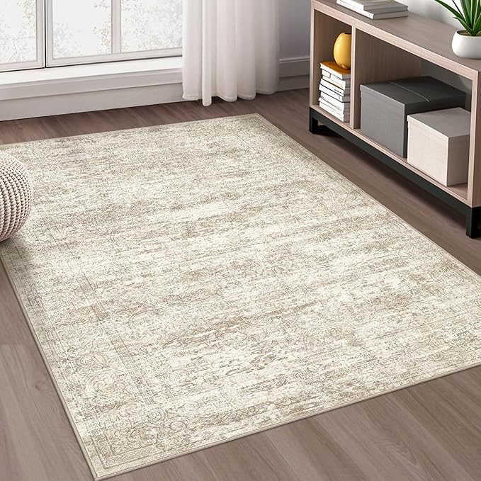 Area Rug Living Room Rugs - 4x6 Large Soft Indoor Neutral Modern Abstract Low Pile Washable Rug Carpet for Bedroom Dining Room Farmhouse Home Office - Vintage Beige
